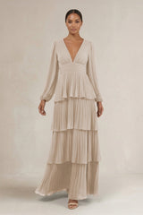 V - Neck Tiered A - Line Long Sleeve Bridesmaid Dress in Frost - KissProm Bridesmaid Dresses