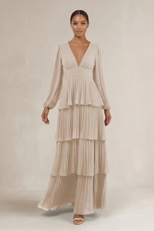 V - Neck Tiered A - Line Long Sleeve Bridesmaid Dress in Frost - KissProm Bridesmaid Dresses