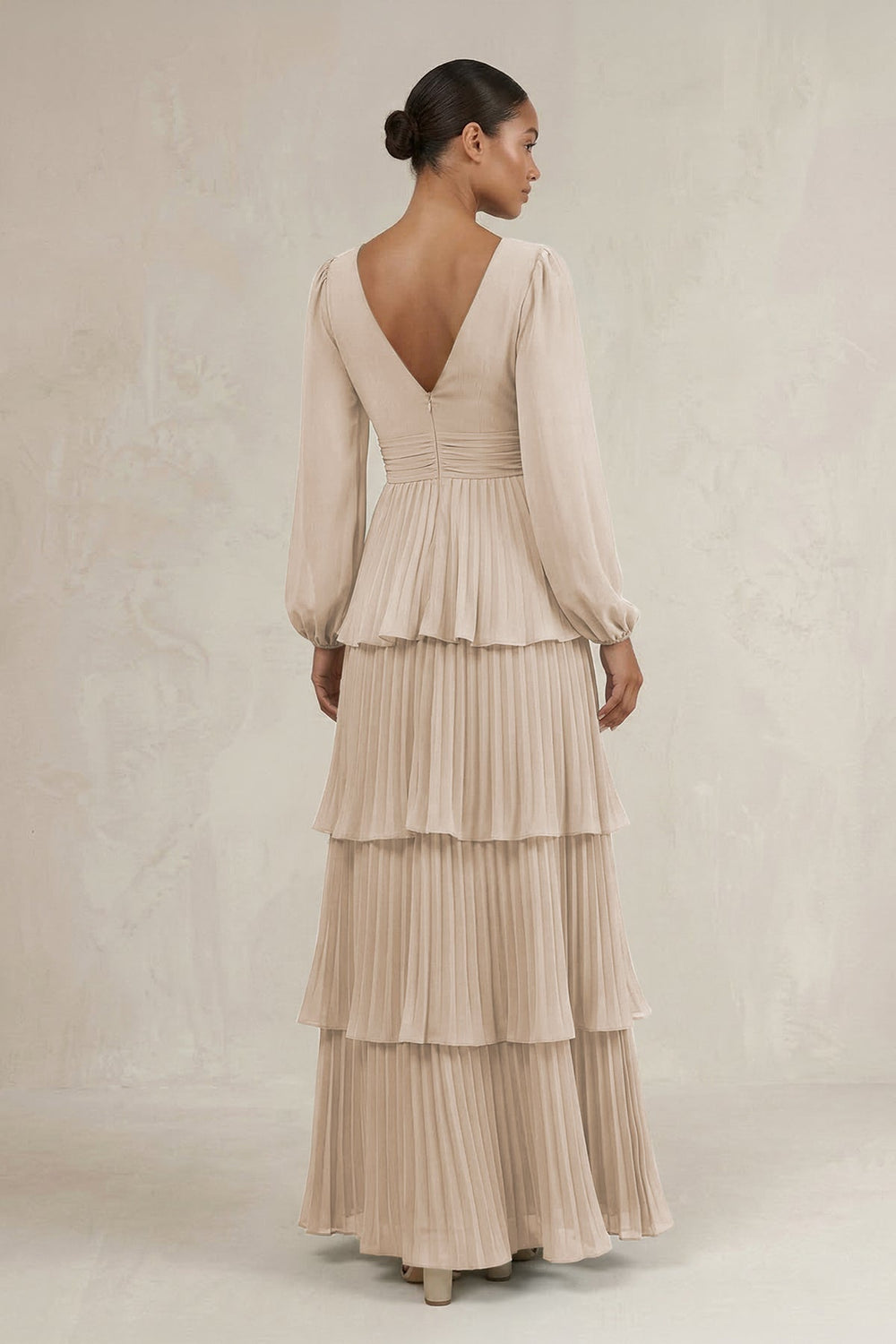 V - Neck Tiered A - Line Long Sleeve Bridesmaid Dress in Frost - KissProm Bridesmaid Dresses