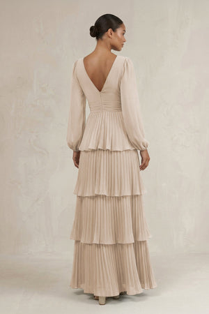 V - Neck Tiered A - Line Long Sleeve Bridesmaid Dress in Frost - KissProm Bridesmaid Dresses