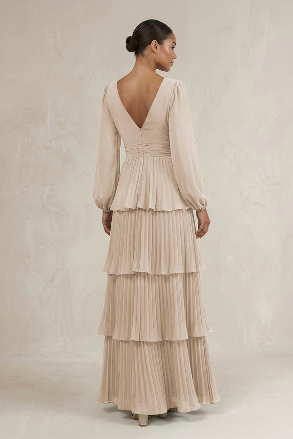 V - Neck Tiered A - Line Long Sleeve Bridesmaid Dress in Frost - KissProm Bridesmaid Dresses