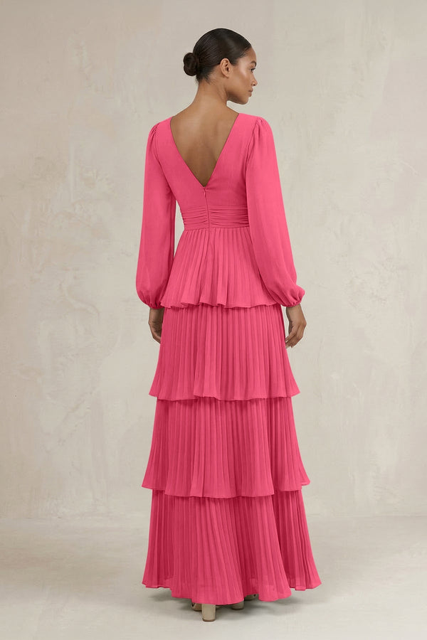 V - Neck Tiered A - Line Long Sleeve Bridesmaid Dress in Fuchsia - KissProm Bridesmaid Dresses