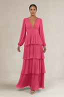 V - Neck Tiered A - Line Long Sleeve Bridesmaid Dress in Fuchsia - KissProm Bridesmaid Dresses