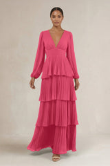 V - Neck Tiered A - Line Long Sleeve Bridesmaid Dress in Fuchsia - KissProm Bridesmaid Dresses