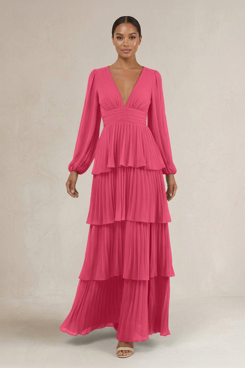V - Neck Tiered A - Line Long Sleeve Bridesmaid Dress in Fuchsia - KissProm Bridesmaid Dresses