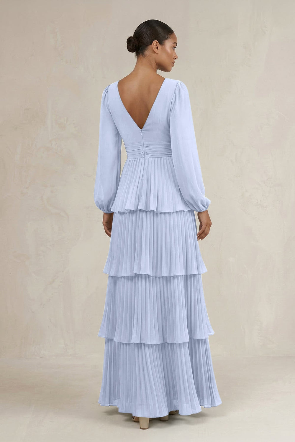 V - Neck Tiered A - Line Long Sleeve Bridesmaid Dress in Ice - KissProm Bridesmaid Dresses