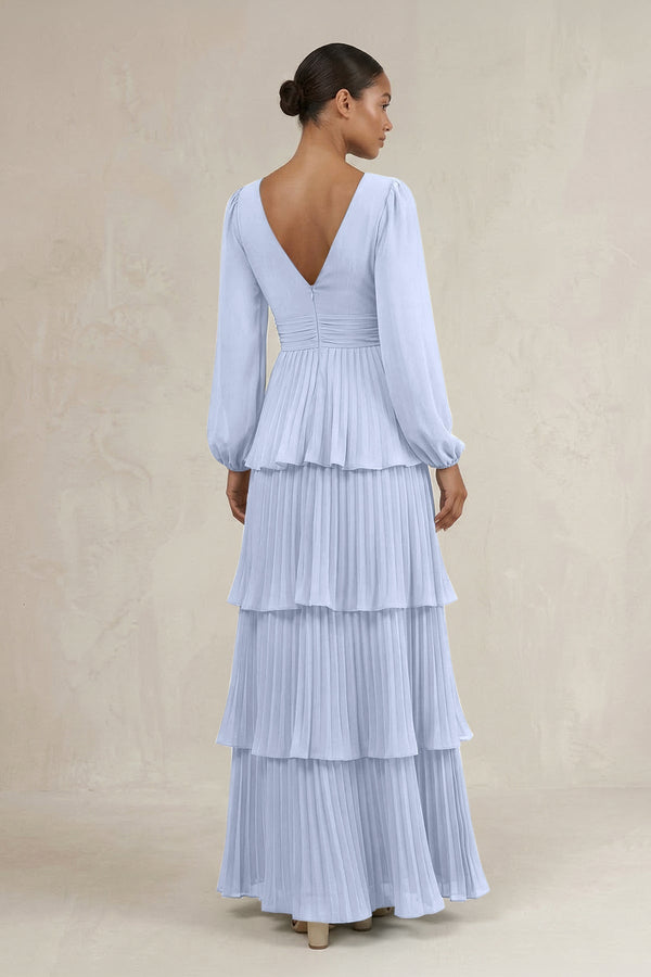 V - Neck Tiered A - Line Long Sleeve Bridesmaid Dress in Ice - KissProm Bridesmaid Dresses