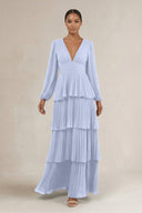 V - Neck Tiered A - Line Long Sleeve Bridesmaid Dress in Ice - KissProm Bridesmaid Dresses