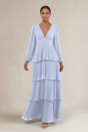 V - Neck Tiered A - Line Long Sleeve Bridesmaid Dress in Ice - KissProm Bridesmaid Dresses