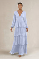 V - Neck Tiered A - Line Long Sleeve Bridesmaid Dress in Ice - KissProm Bridesmaid Dresses