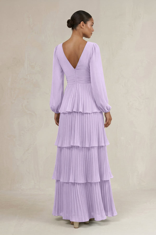 V - Neck Tiered A - Line Long Sleeve Bridesmaid Dress in Lavender - KissProm Bridesmaid Dresses