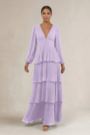 V - Neck Tiered A - Line Long Sleeve Bridesmaid Dress in Lavender - KissProm Bridesmaid Dresses