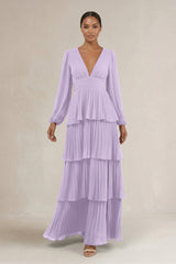 V - Neck Tiered A - Line Long Sleeve Bridesmaid Dress in Lavender - KissProm Bridesmaid Dresses