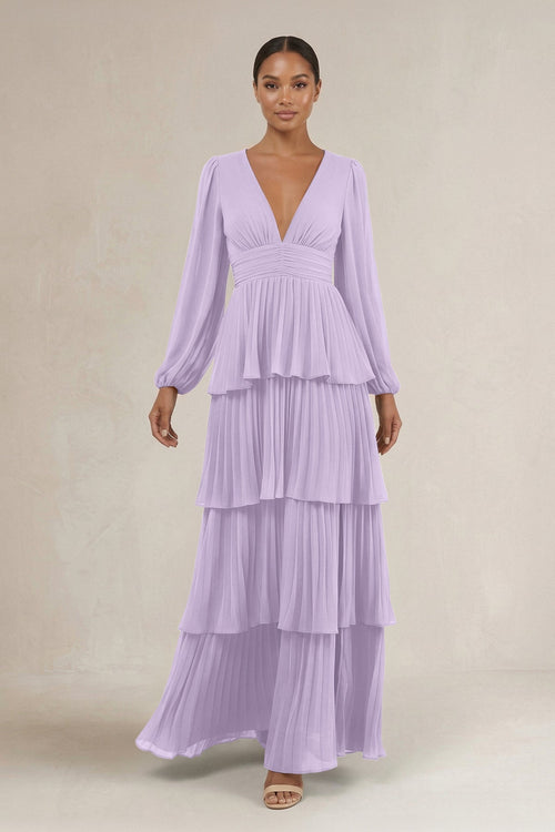 V - Neck Tiered A - Line Long Sleeve Bridesmaid Dress in Lavender - KissProm Bridesmaid Dresses