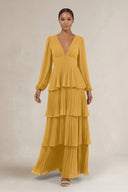 V - Neck Tiered A - Line Long Sleeve Bridesmaid Dress in Marigold - KissProm Bridesmaid Dresses
