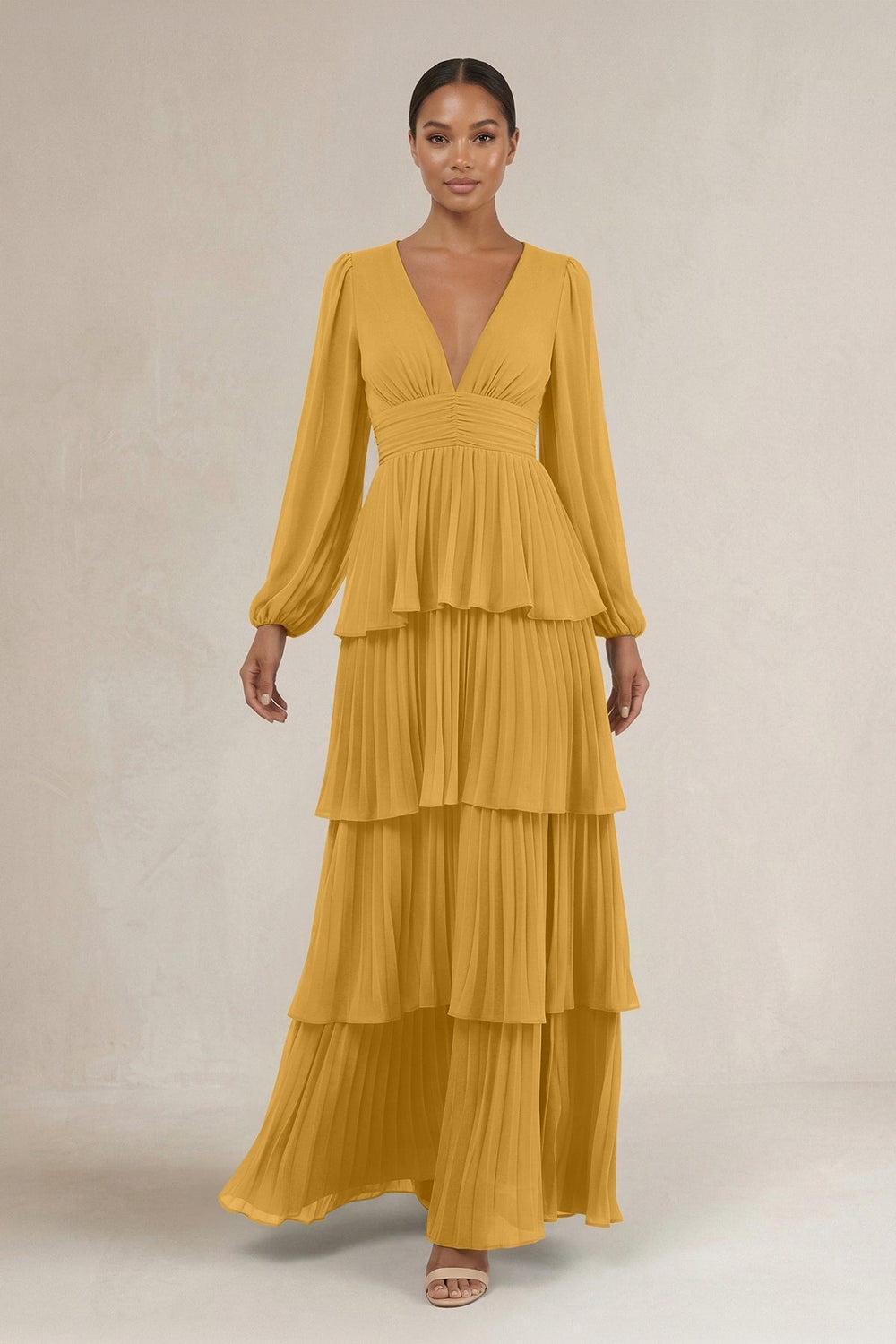 V - Neck Tiered A - Line Long Sleeve Bridesmaid Dress in Marigold - KissProm Bridesmaid Dresses