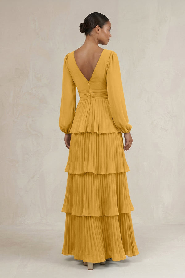 V - Neck Tiered A - Line Long Sleeve Bridesmaid Dress in Marigold - KissProm Bridesmaid Dresses