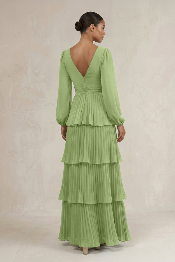 V - Neck Tiered A - Line Long Sleeve Bridesmaid Dress in Matcha - KissProm Bridesmaid Dresses