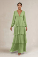 V - Neck Tiered A - Line Long Sleeve Bridesmaid Dress in Matcha - KissProm Bridesmaid Dresses