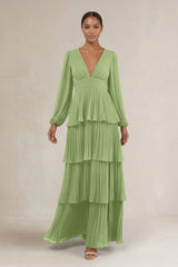 V - Neck Tiered A - Line Long Sleeve Bridesmaid Dress in Matcha - KissProm Bridesmaid Dresses