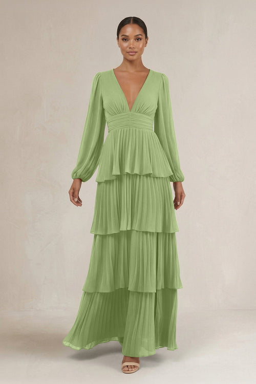 V - Neck Tiered A - Line Long Sleeve Bridesmaid Dress in Matcha - KissProm Bridesmaid Dresses