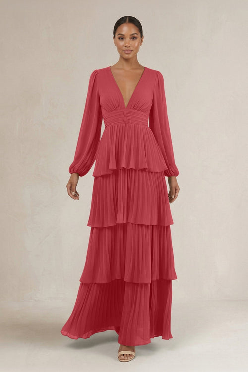 V - Neck Tiered A - Line Long Sleeve Bridesmaid Dress in Merlot - KissProm Bridesmaid Dresses