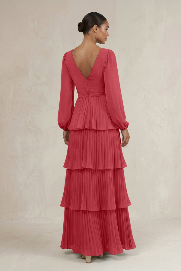 V - Neck Tiered A - Line Long Sleeve Bridesmaid Dress in Merlot - KissProm Bridesmaid Dresses