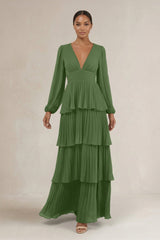 V - Neck Tiered A - Line Long Sleeve Bridesmaid Dress in Moss - KissProm Bridesmaid Dresses