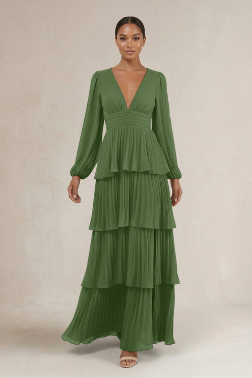 V - Neck Tiered A - Line Long Sleeve Bridesmaid Dress in Moss - KissProm Bridesmaid Dresses