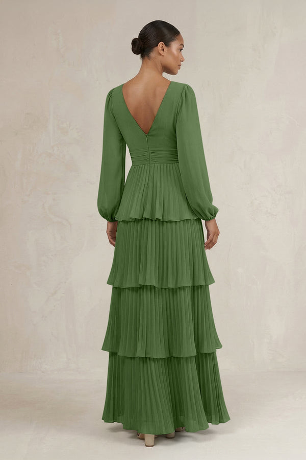 V - Neck Tiered A - Line Long Sleeve Bridesmaid Dress in Moss - KissProm Bridesmaid Dresses