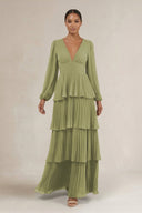 V - Neck Tiered A - Line Long Sleeve Bridesmaid Dress in Moss Green - KissProm Bridesmaid Dresses