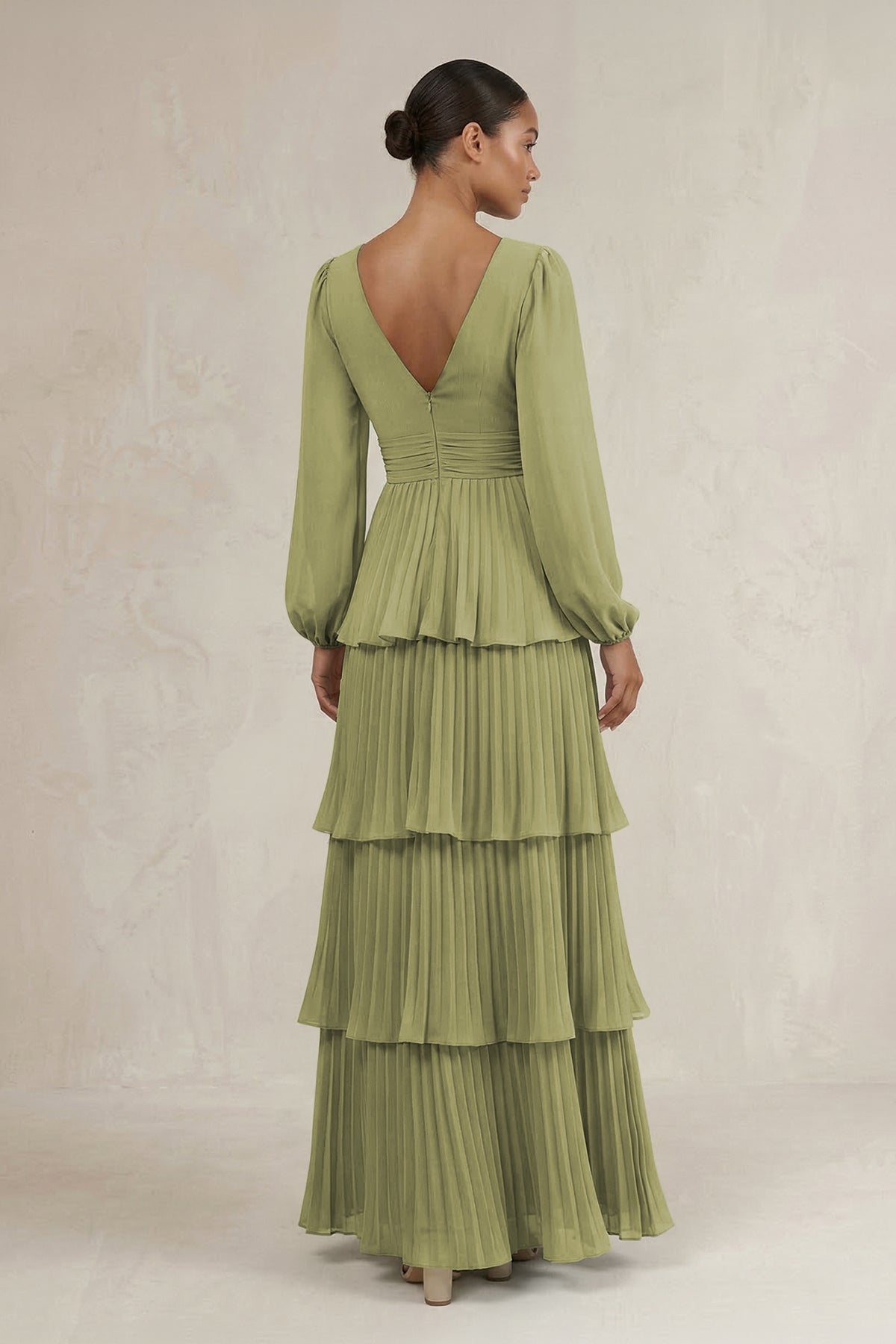 KissProm V-Neck Tiered A-Line Long Sleeve Bridesmaid Dress in Moss Green, Moss Green / Custom Size( Free )