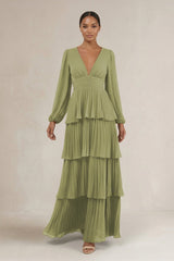 V - Neck Tiered A - Line Long Sleeve Bridesmaid Dress in Moss Green - KissProm Bridesmaid Dresses