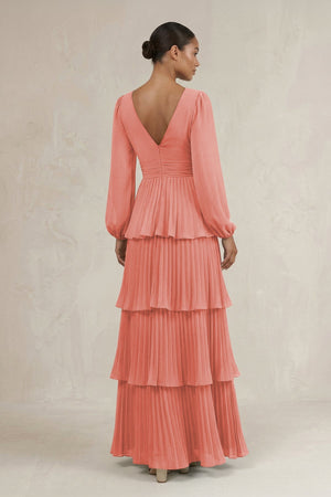 V - Neck Tiered A - Line Long Sleeve Bridesmaid Dress in Mulberry - KissProm Bridesmaid Dresses