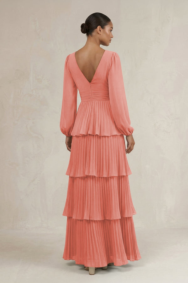 V - Neck Tiered A - Line Long Sleeve Bridesmaid Dress in Mulberry - KissProm Bridesmaid Dresses