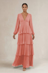 V - Neck Tiered A - Line Long Sleeve Bridesmaid Dress in Mulberry - KissProm Bridesmaid Dresses