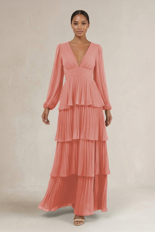 V - Neck Tiered A - Line Long Sleeve Bridesmaid Dress in Mulberry - KissProm Bridesmaid Dresses