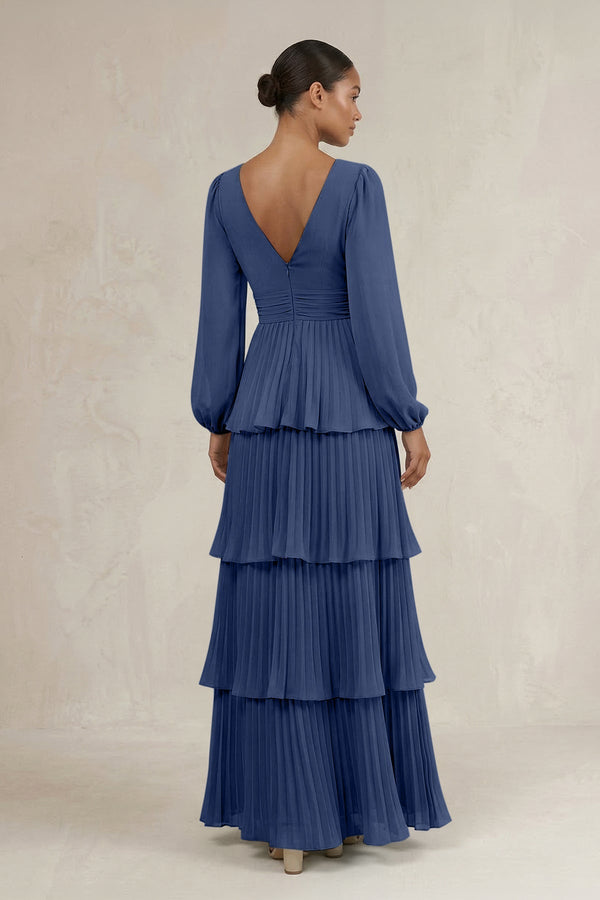 V - Neck Tiered A - Line Long Sleeve Bridesmaid Dress in Navy - KissProm Bridesmaid Dresses