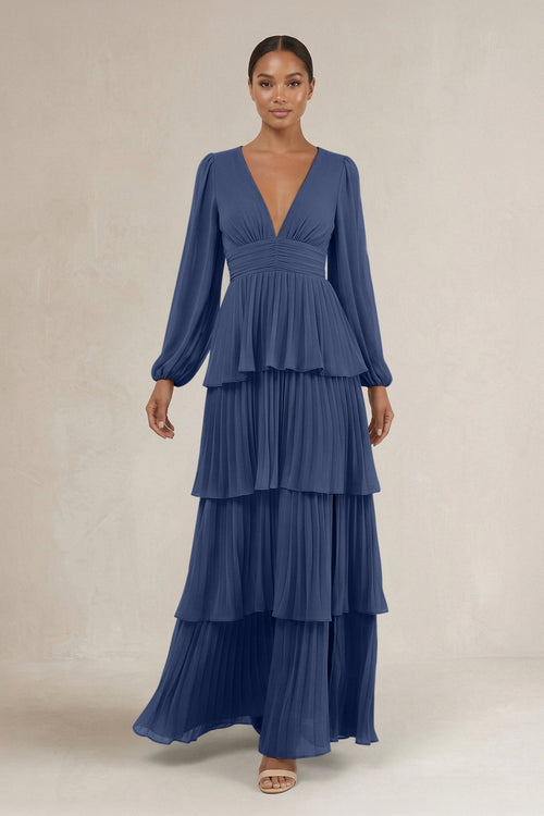 V - Neck Tiered A - Line Long Sleeve Bridesmaid Dress in Navy - KissProm Bridesmaid Dresses
