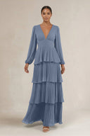V - Neck Tiered A - Line Long Sleeve Bridesmaid Dress in Neptune - KissProm Bridesmaid Dresses