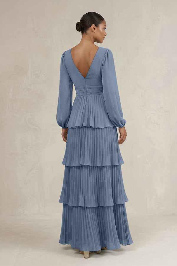 V - Neck Tiered A - Line Long Sleeve Bridesmaid Dress in Neptune - KissProm Bridesmaid Dresses