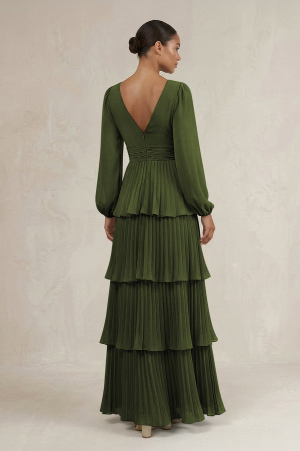 V - Neck Tiered A - Line Long Sleeve Bridesmaid Dress in Olive - KissProm Bridesmaid Dresses