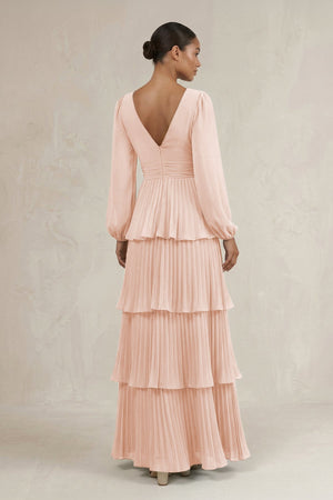 V - Neck Tiered A - Line Long Sleeve Bridesmaid Dress in Pale Blush - KissProm Bridesmaid Dresses