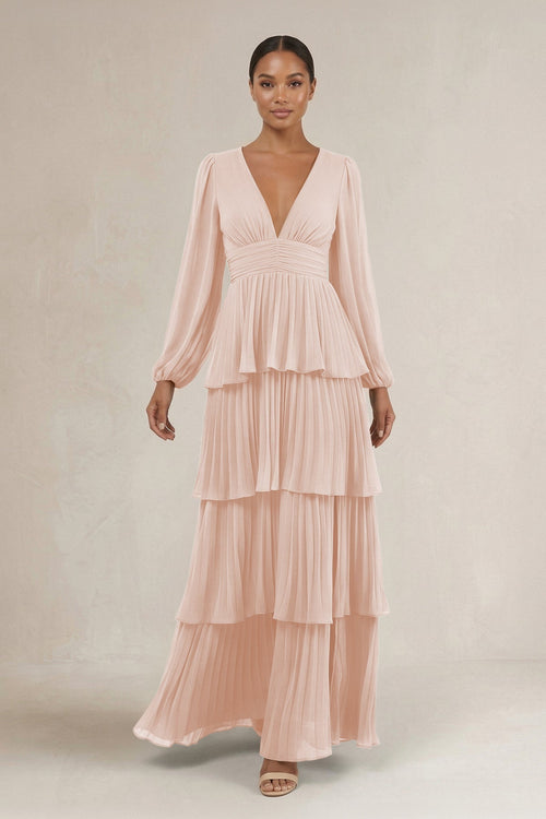 V - Neck Tiered A - Line Long Sleeve Bridesmaid Dress in Pale Blush - KissProm Bridesmaid Dresses