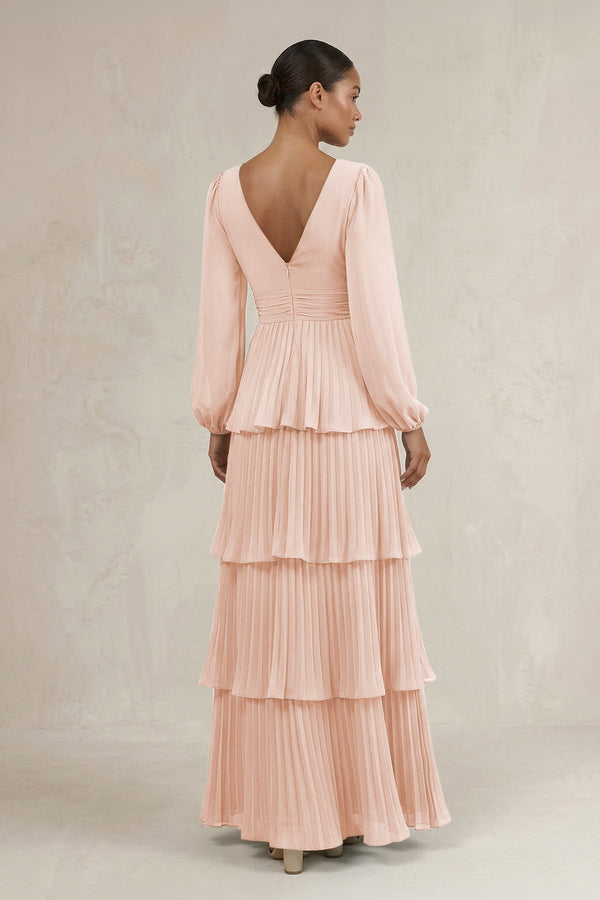 V - Neck Tiered A - Line Long Sleeve Bridesmaid Dress in Pale Blush - KissProm Bridesmaid Dresses