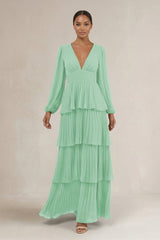 V - Neck Tiered A - Line Long Sleeve Bridesmaid Dress in Pale Pistachio - KissProm Bridesmaid Dresses