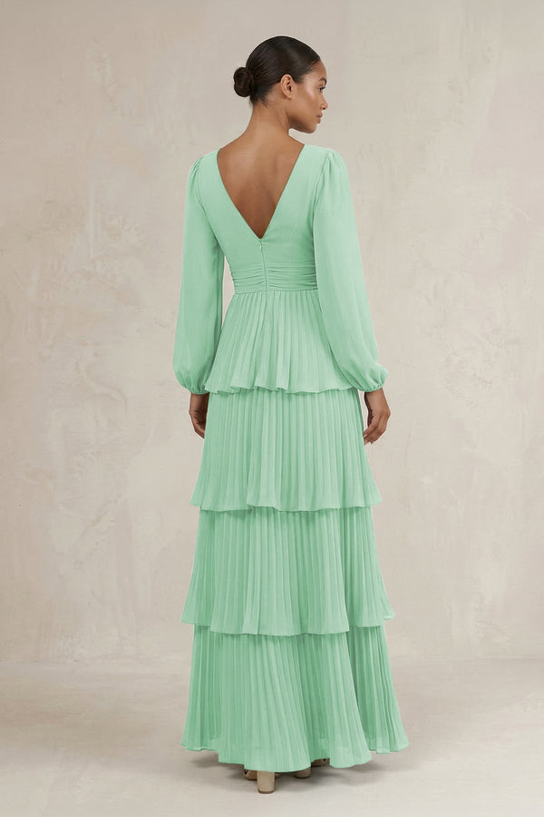 V - Neck Tiered A - Line Long Sleeve Bridesmaid Dress in Pale Pistachio - KissProm Bridesmaid Dresses