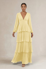 V - Neck Tiered A - Line Long Sleeve Bridesmaid Dress in Pastel Yellow - KissProm Bridesmaid Dresses