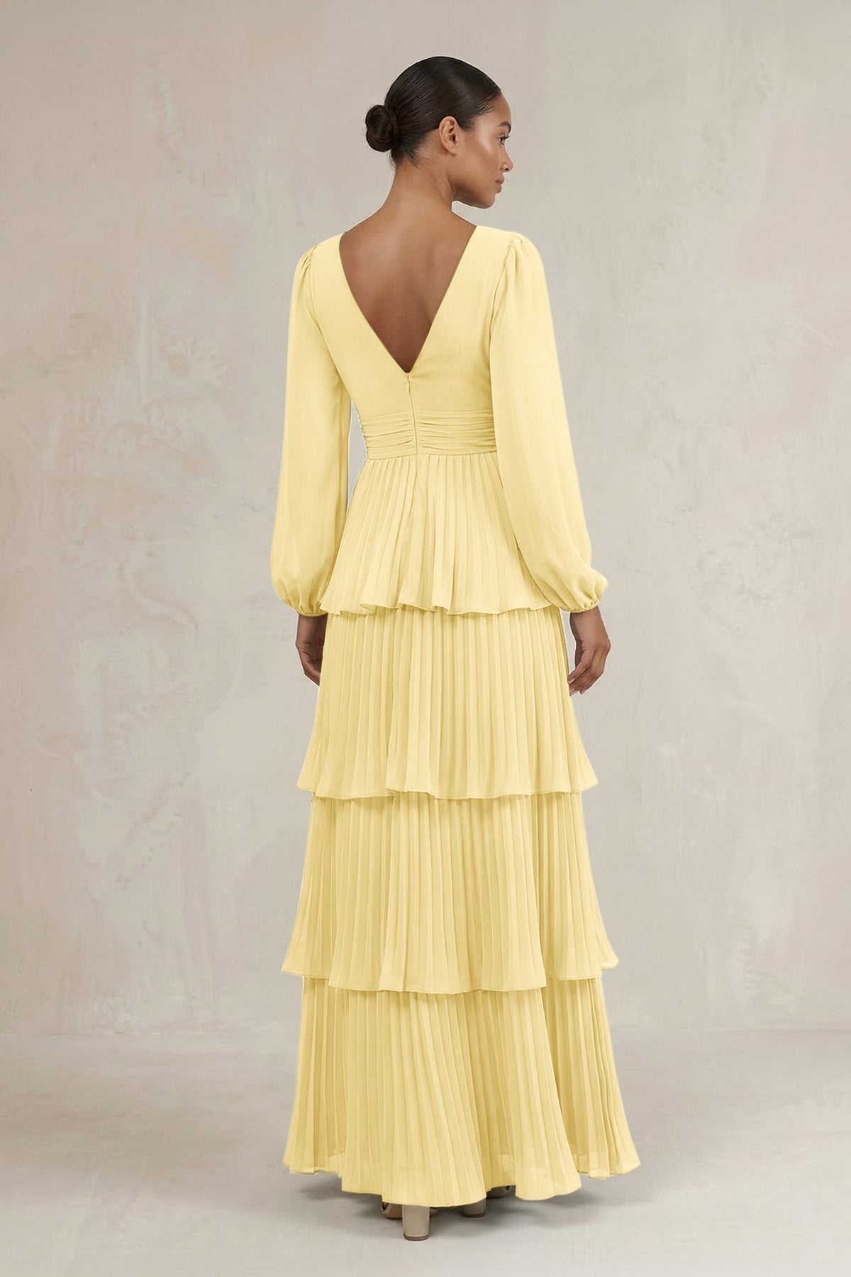 KissProm V-Neck Tiered A-Line Long Sleeve Bridesmaid Dress in Pastel Yellow, Pastel Yellow / 28