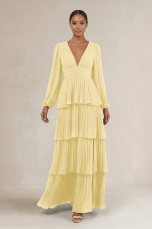 V - Neck Tiered A - Line Long Sleeve Bridesmaid Dress in Pastel Yellow - KissProm Bridesmaid Dresses